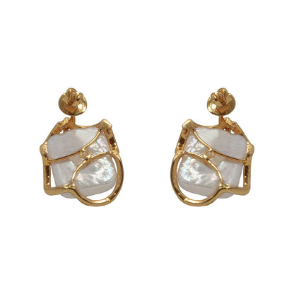 La marque-M White Diamond Leaf Gold Pearl Earrings
