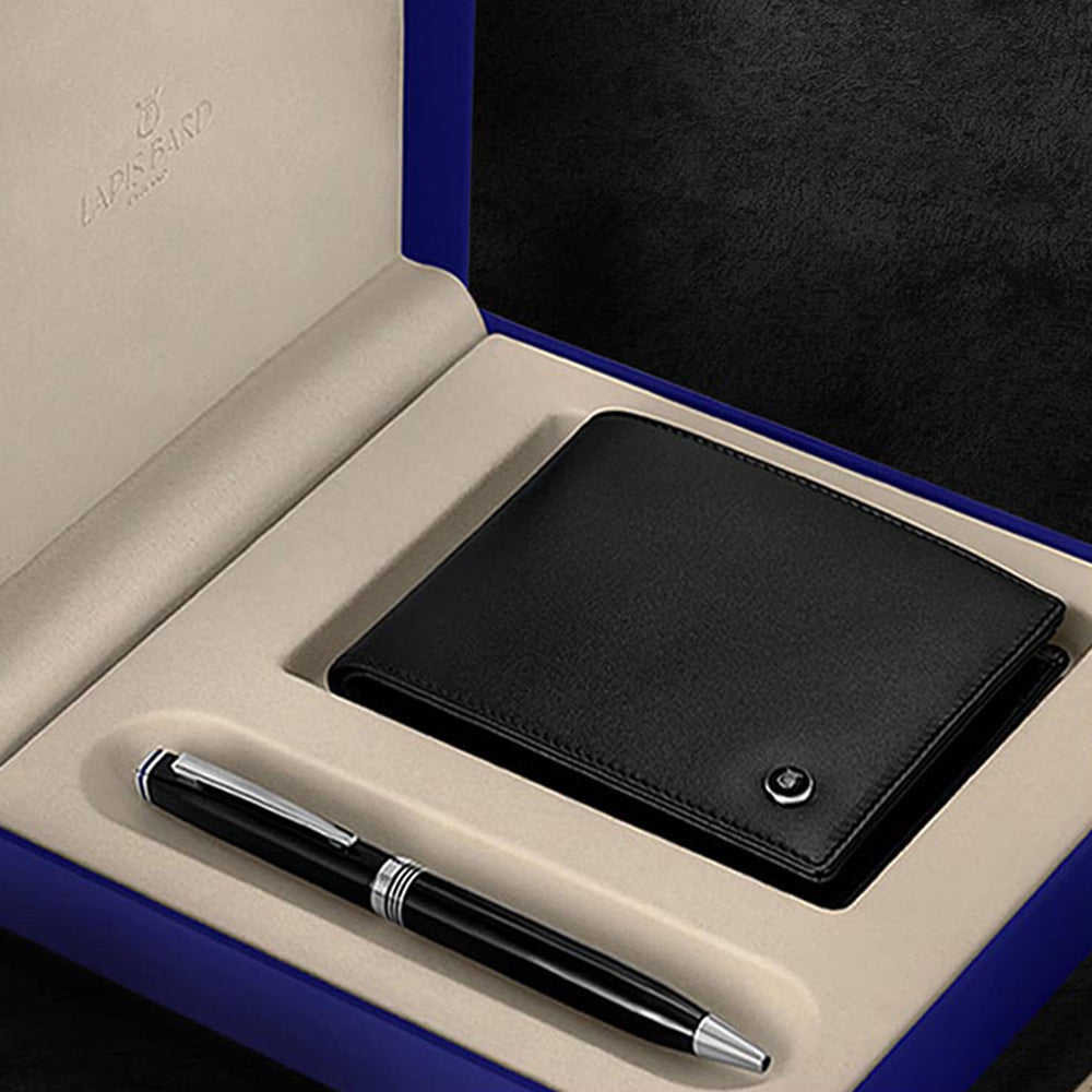 Lapis Bard Gift Set Contemporary Ballpoint Pen With Mayfair Coin Pocket Wallet Black and Chrome