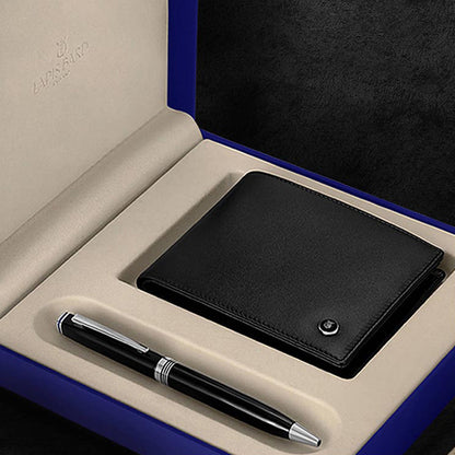 Lapis Bard Gift Set Contemporary Ballpoint Pen With Mayfair Coin Pocket Wallet Black and Chrome