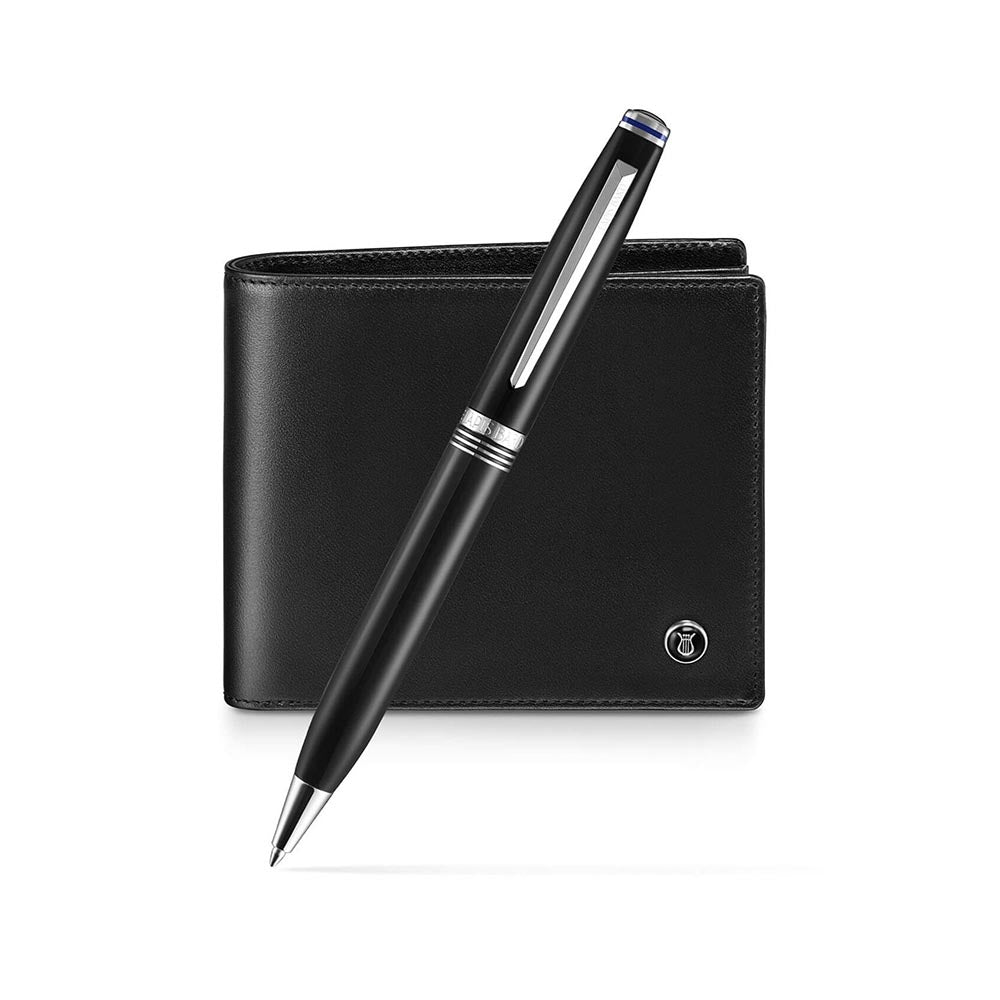 Lapis Bard Gift Set Contemporary Ballpoint Pen With Mayfair Coin Pocket Wallet Black and Chrome