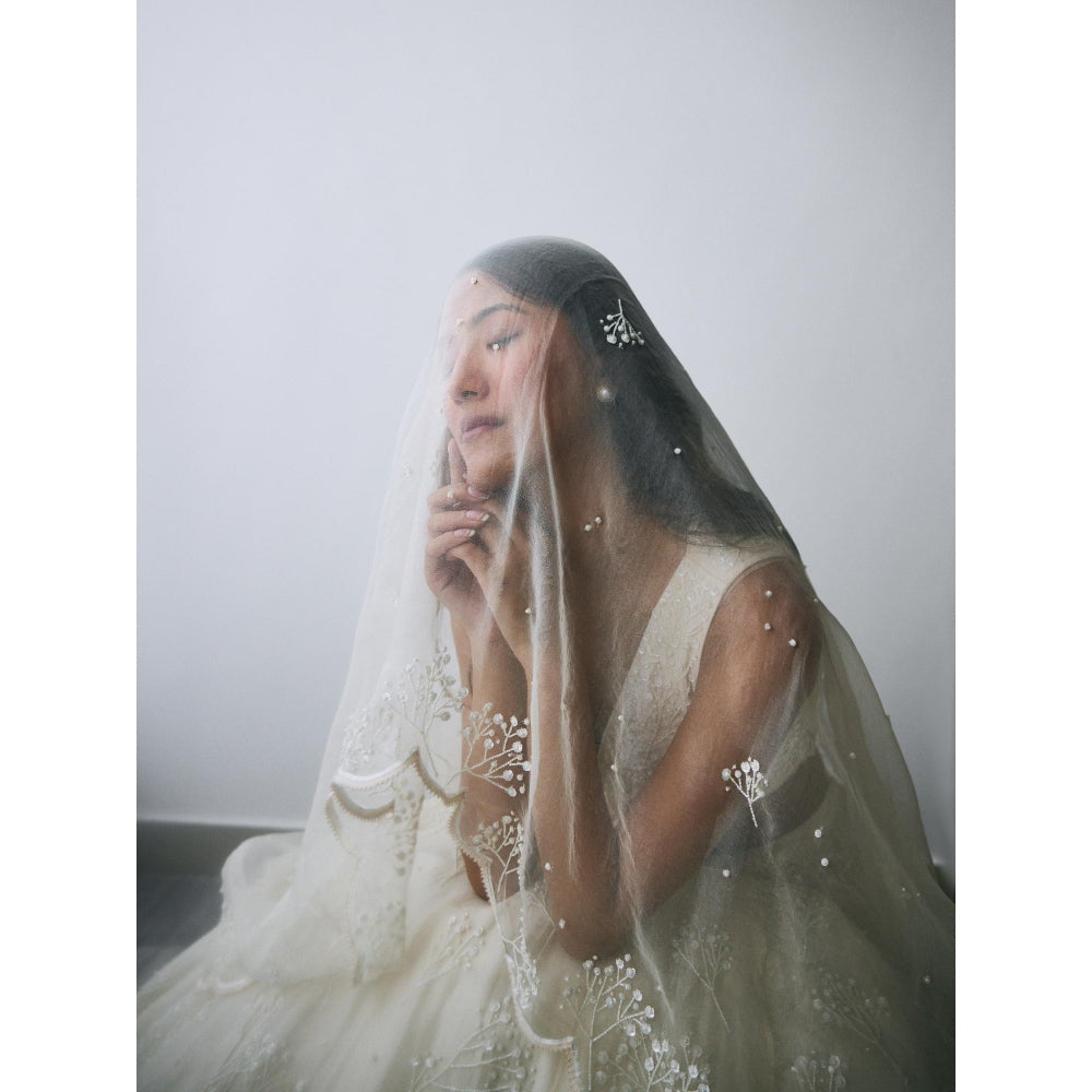 Lavanya Ahuja Ivory Organza Babys Breath Lehenga with Blouse and Dupatta (Set of 3)