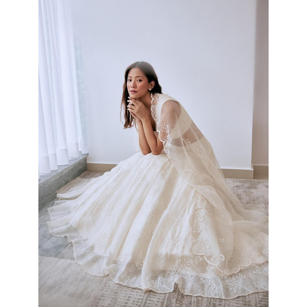 Lavanya Ahuja Ivory Organza Babys Breath Lehenga with Blouse and Dupatta (Set of 3)