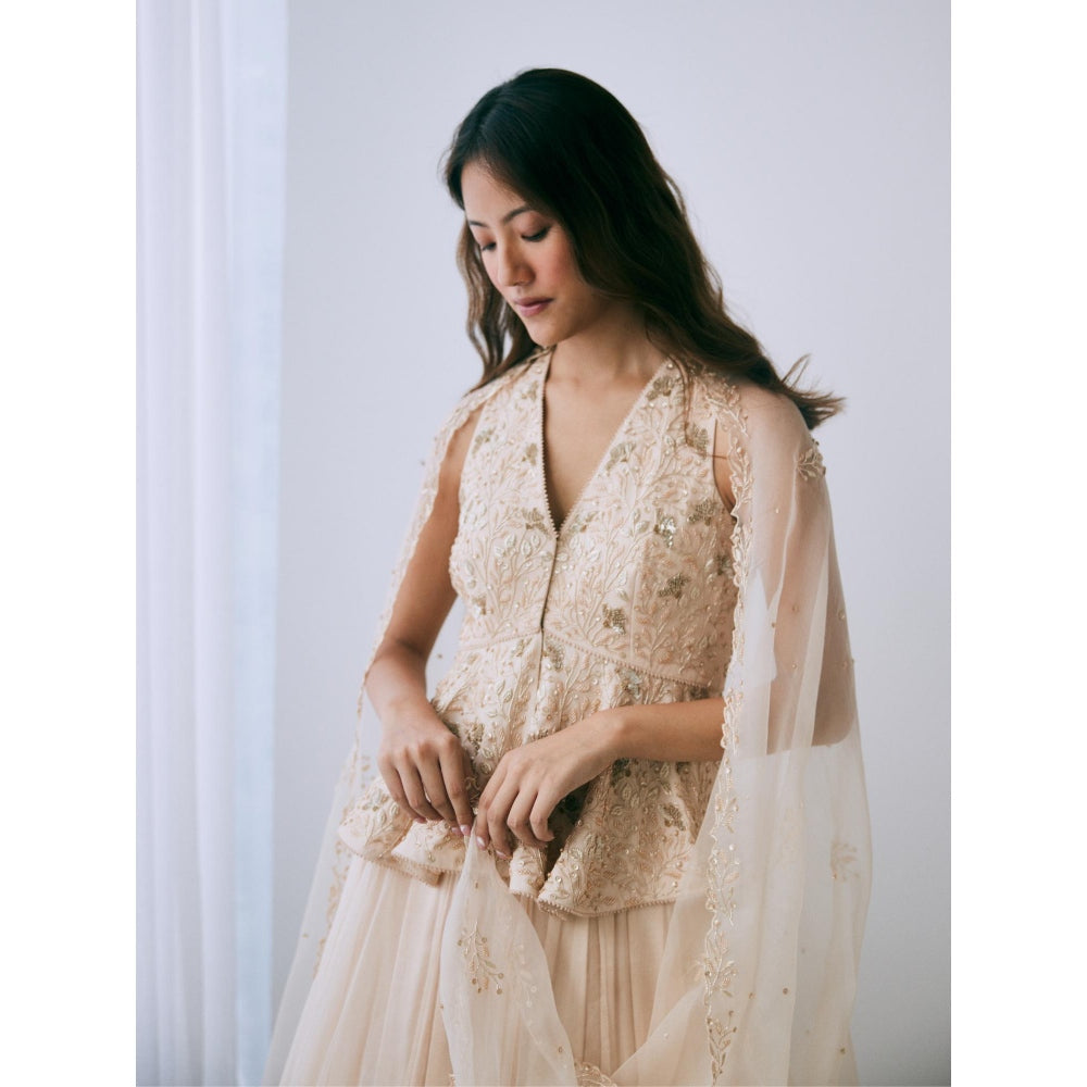 Lavanya Ahuja Pearled Sand Peplum Lehenga with Blouse and Dupatta (Set of 3)