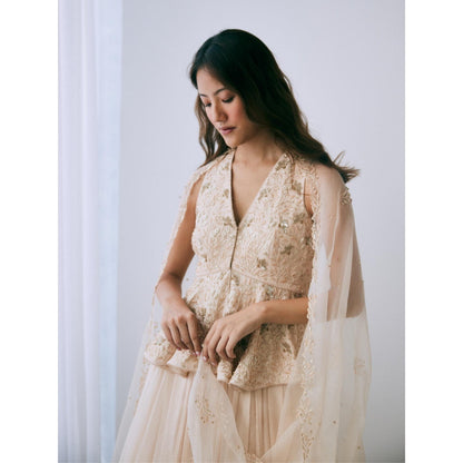 Lavanya Ahuja Pearled Sand Peplum Lehenga with Blouse and Dupatta (Set of 3)