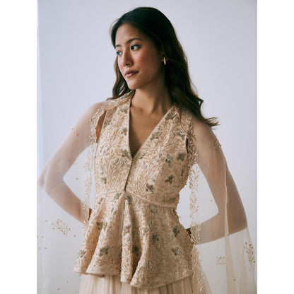 Lavanya Ahuja Pearled Sand Peplum Lehenga with Blouse and Dupatta (Set of 3)