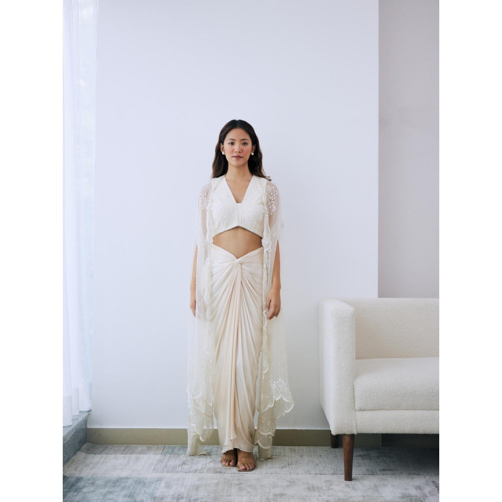 Lavanya Ahuja Ivory Draped Skirt with Blouse and Cape (Set of 3)