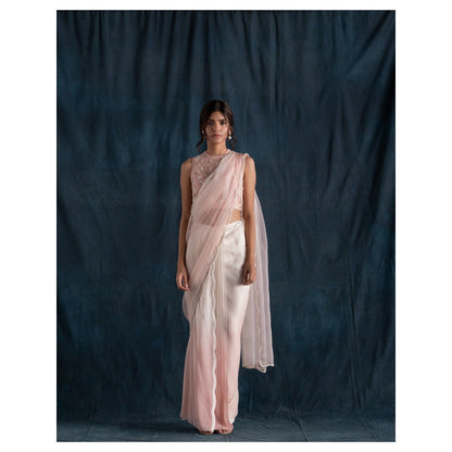 Lavanya Ahuja Ivory Ombre Pre-Draped Saree & Petticoat with Stitched Blouse (Set of 3)