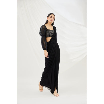 Lavanya Ahuja Midnight Pre-Draped Saree Belt & Petticoat with Stitched Blouse (Set of 4)