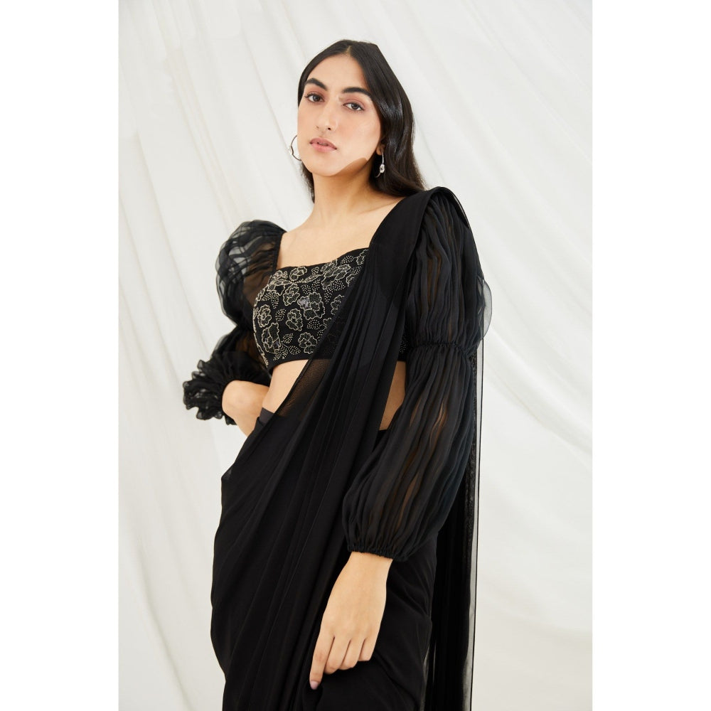 Lavanya Ahuja Midnight Pre-Draped Saree Belt & Petticoat with Stitched Blouse (Set of 4)