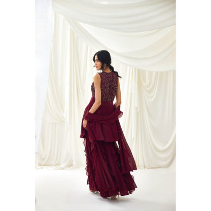 Lavanya Ahuja Burgundy Sharara with Peplum Top and Dupatta (Set of 3)