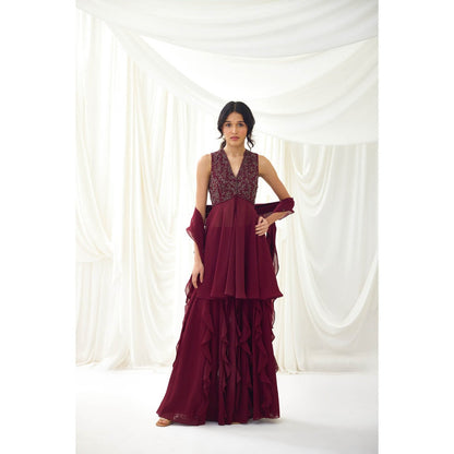 Lavanya Ahuja Burgundy Sharara with Peplum Top and Dupatta (Set of 3)