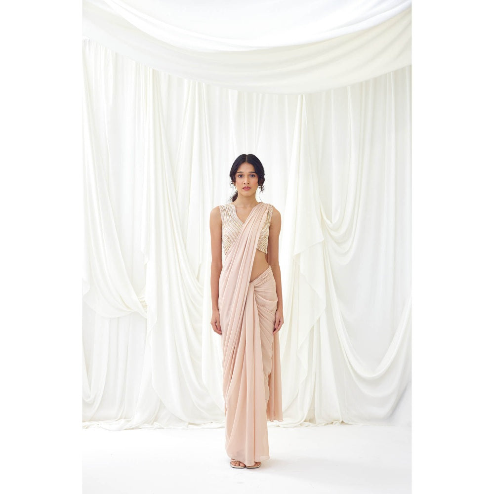 Lavanya Ahuja Beige Pre-Draped Saree with Stitched Blouse