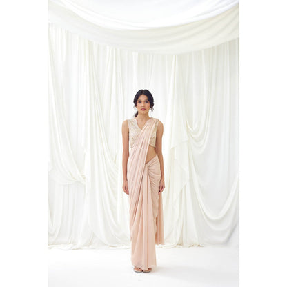 Lavanya Ahuja Beige Pre-Draped Saree with Stitched Blouse