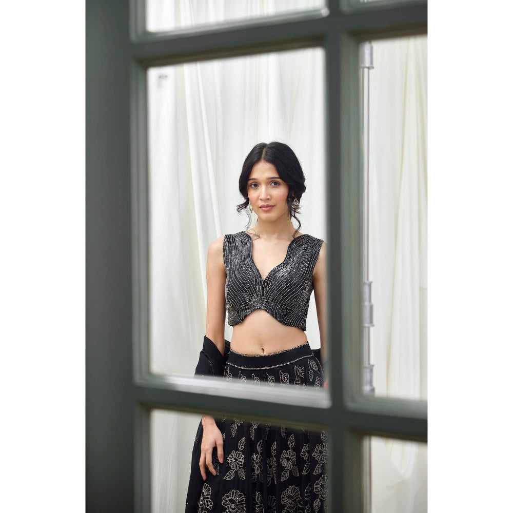 Lavanya Ahuja Black Embroidered Organza Lehenga with Blouse and Dupatta (Set of 3)