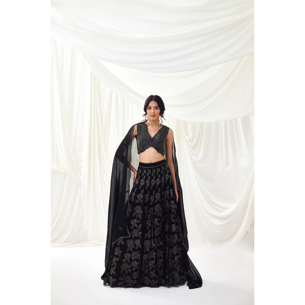 Lavanya Ahuja Black Embroidered Organza Lehenga with Blouse and Dupatta (Set of 3)