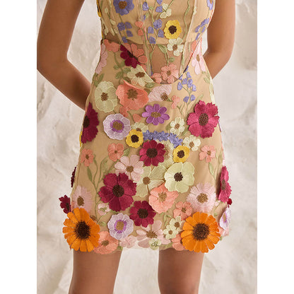 Lea Clothing Flor Nude 3-D Flower Embroidered Corset Dress
