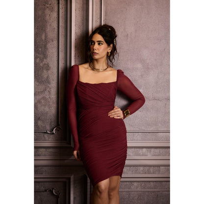 Lea Clothing Venus Burgundy Side Slit Ruched Dress