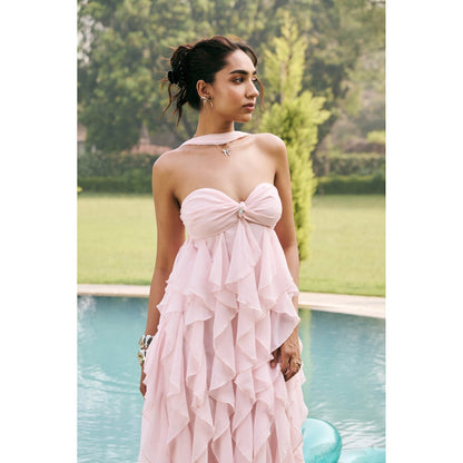 Lea Clothing Nikolina Baby Pink Frill Maxi Dress