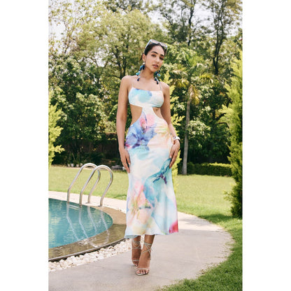 Lea Clothing Melina Multi Bloom Cutout Midi Dress