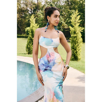 Lea Clothing Melina Multi Bloom Cutout Midi Dress