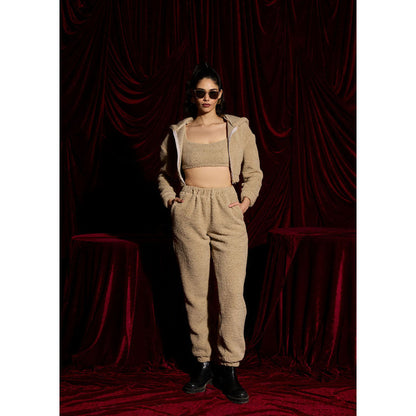 Lea Clothing Winter Tan Teddy Crop Zip-Up Hoodie Jacket