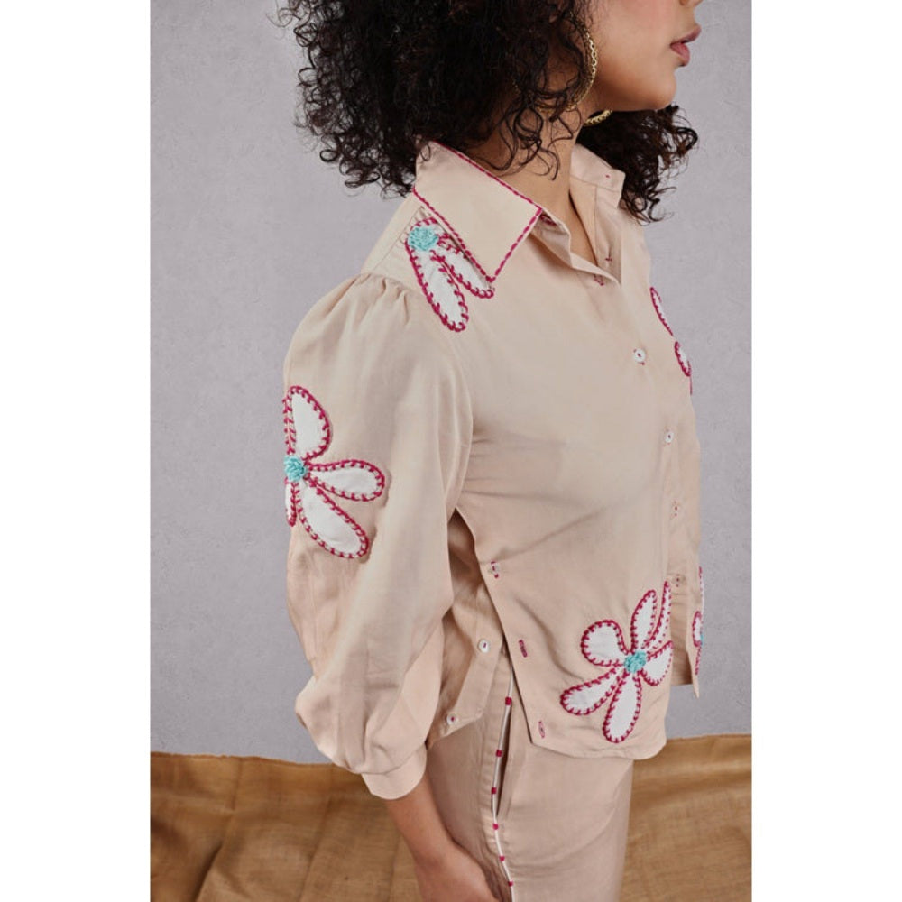 Leela by A Beige Tencel Flower Applique Co-Ord Set