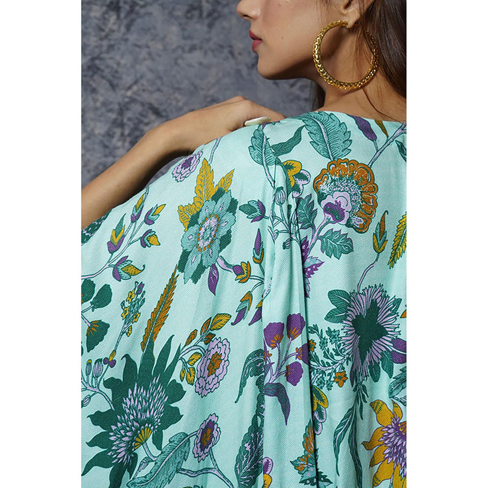 Leela by A Green Floral Boat Neck Kaftan Dress