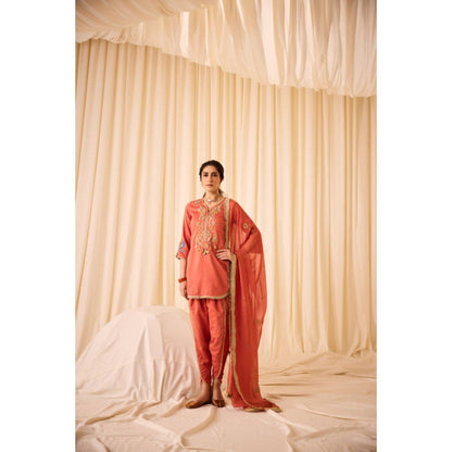 Leela by A Rust Short Kurta with Tulip Pants and Dupatta