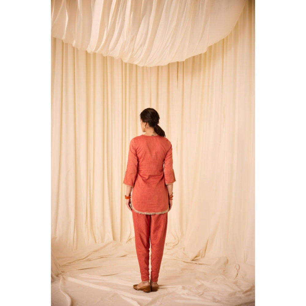 Leela by A Rust Short Kurta with Tulip Pants and Dupatta