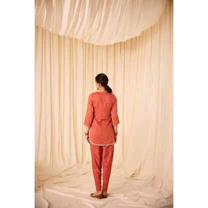 Leela by A Rust Short Kurta with Tulip Pants and Dupatta