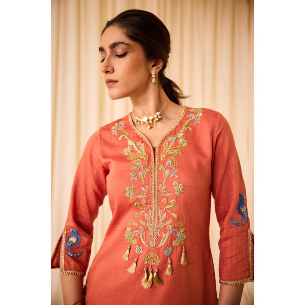 Leela by A Rust Short Kurta with Tulip Pants and Dupatta