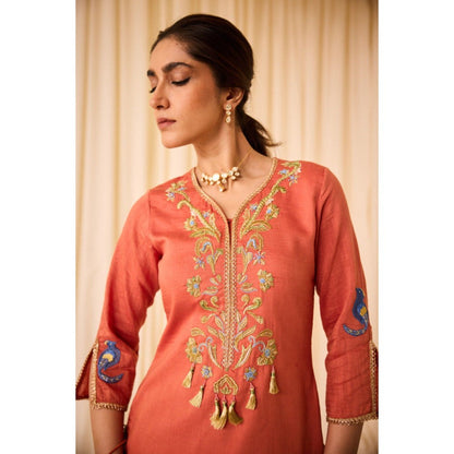 Leela by A Rust Short Kurta with Tulip Pants and Dupatta