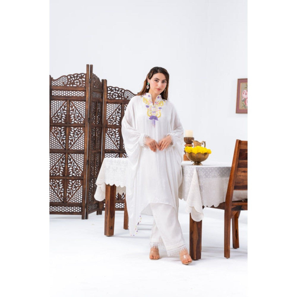 Leela by A White Chiffon Kaftan and Pant with Inner