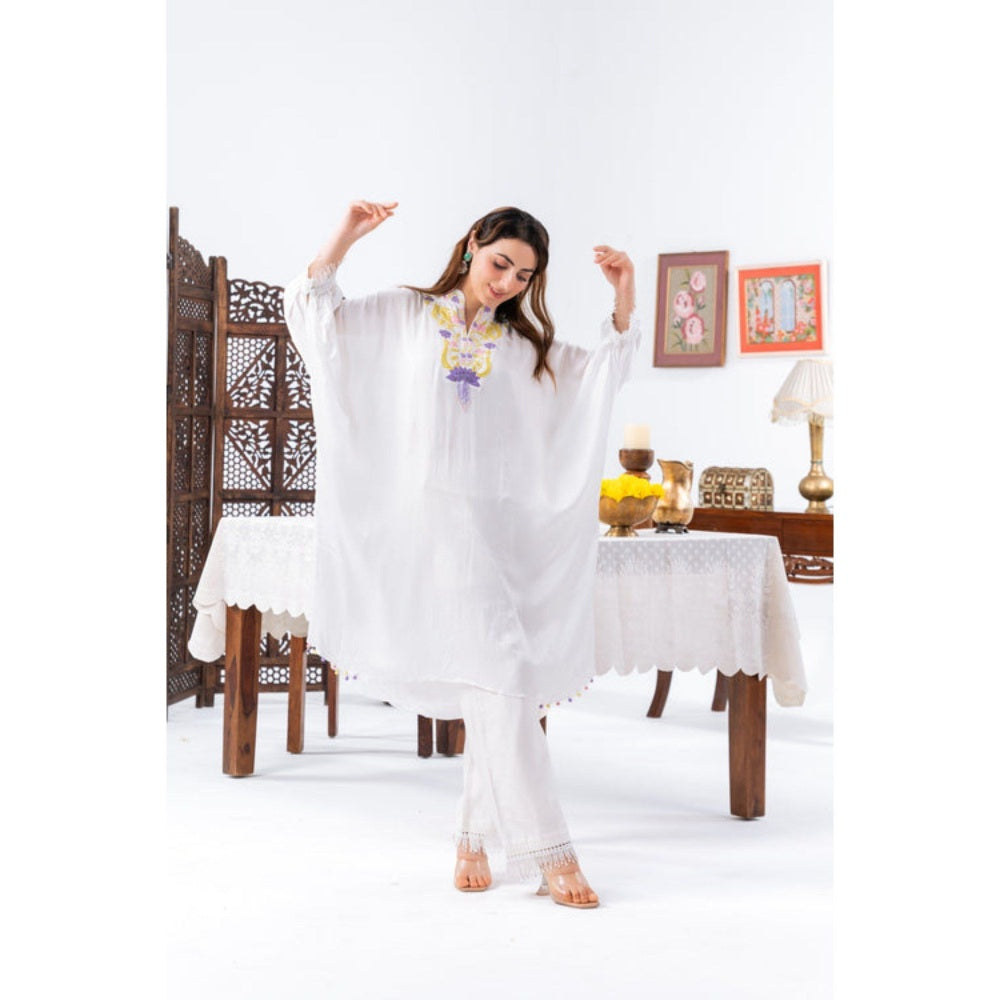 Leela by A White Chiffon Kaftan and Pant with Inner