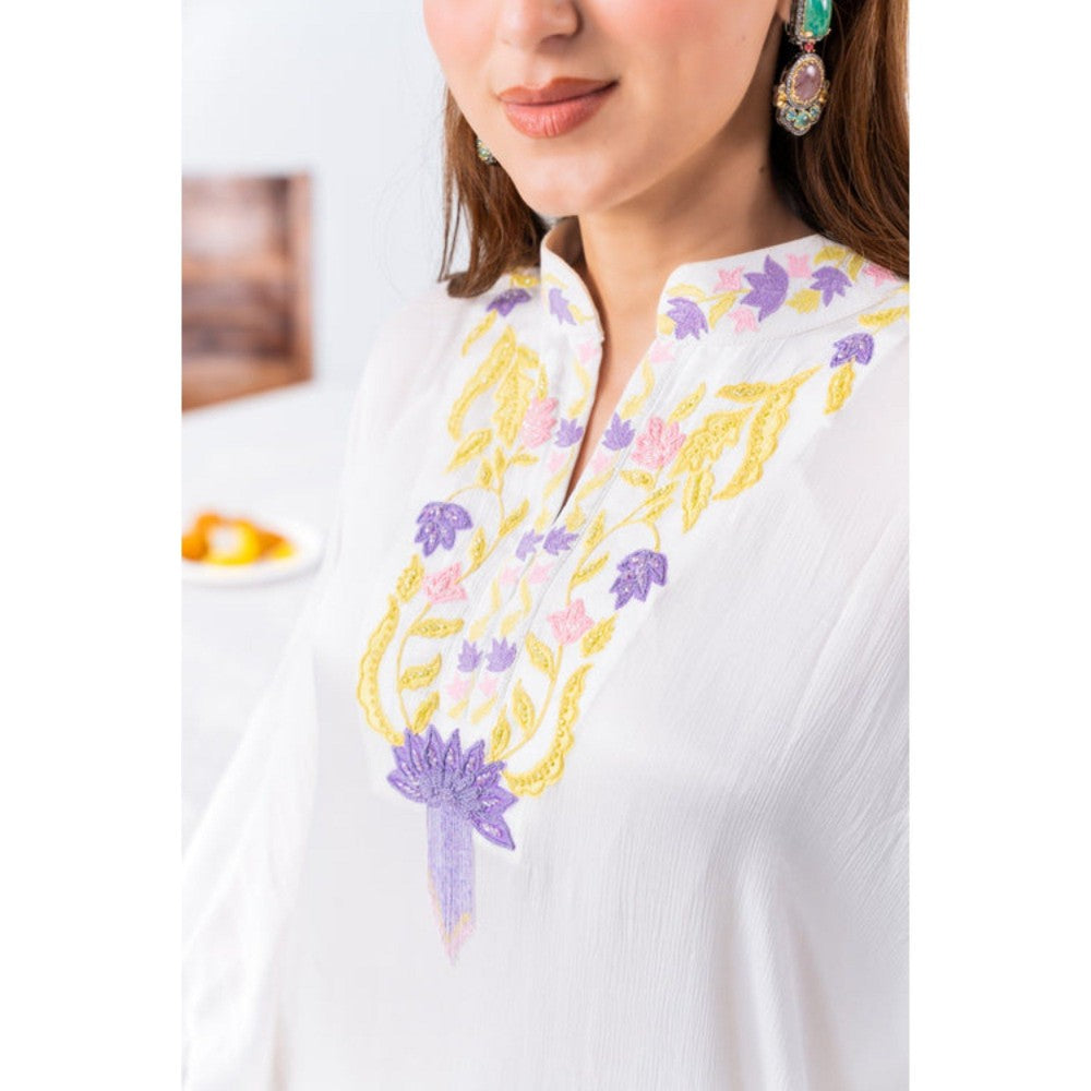 Leela by A White Chiffon Kaftan and Pant with Inner