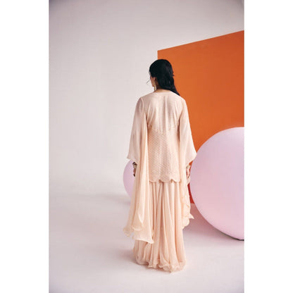 Leela by A Beige Short Long Sleeve Kurta With Organza Palazzo
