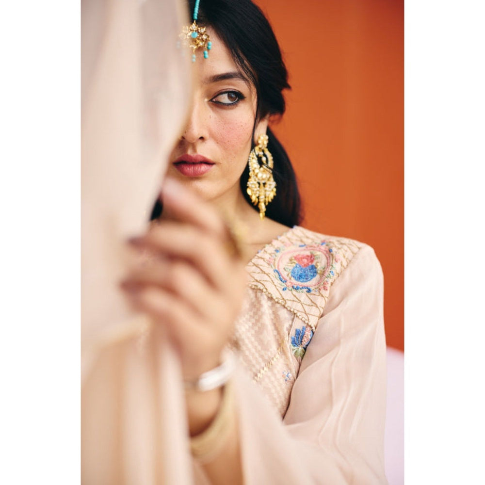 Leela by A Beige Short Long Sleeve Kurta With Organza Palazzo