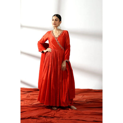 Leela by A Brick Red Angrakha Kurta And Palazzo With Dupatta