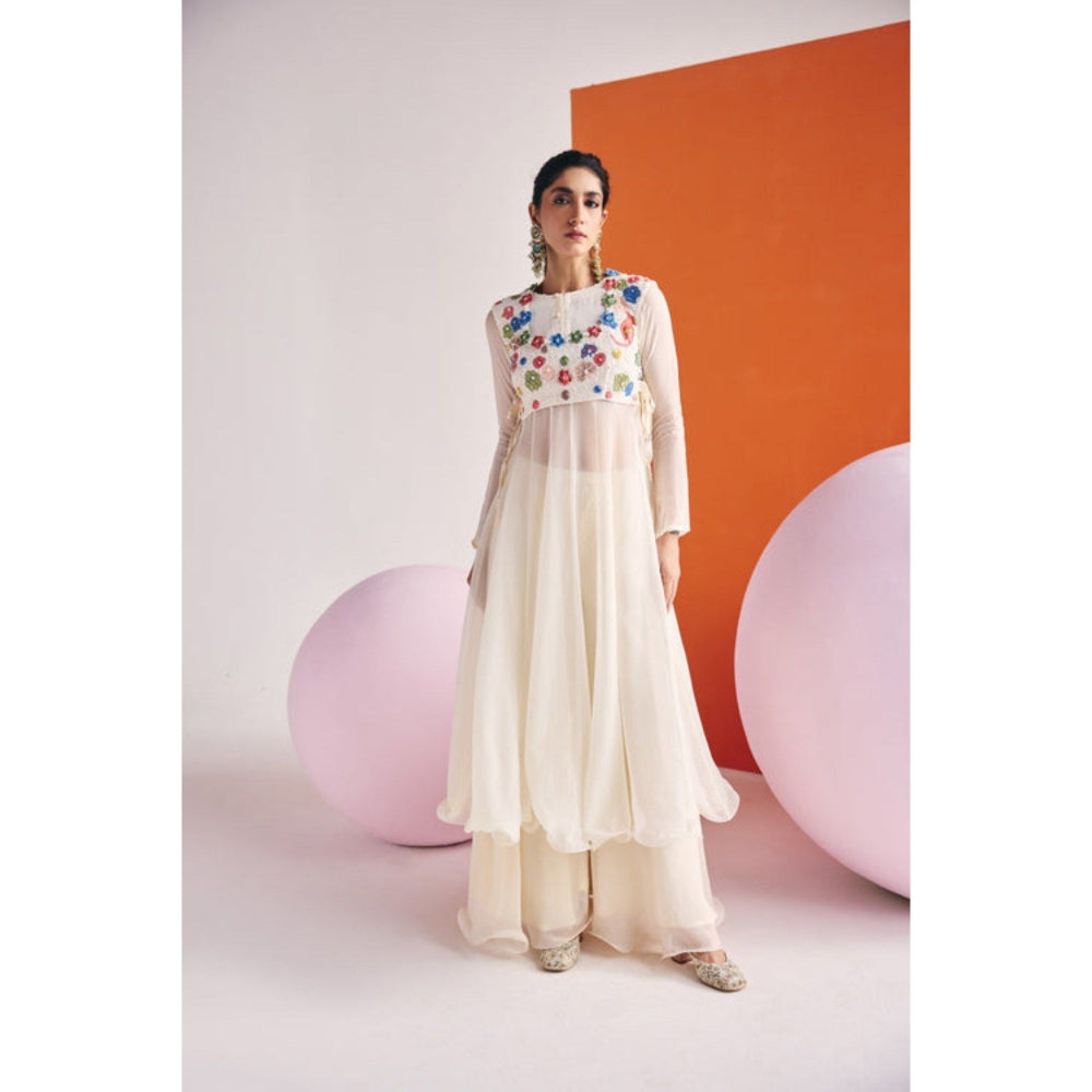 Leela by A Ivory 3D Embroidered Multi-coloured Flower Anarkali With Organza Palazzo