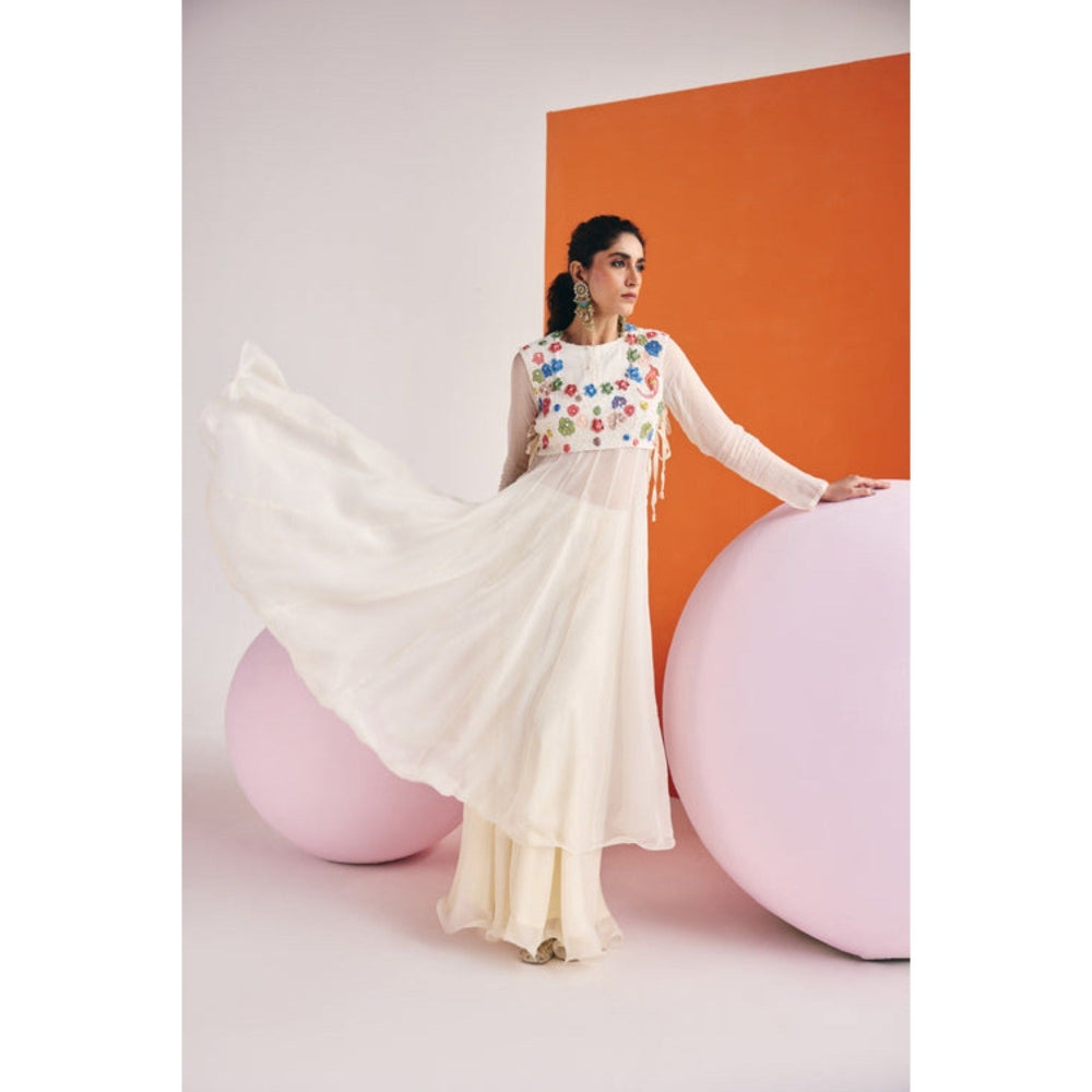 Leela by A Ivory 3D Embroidered Multi-coloured Flower Anarkali With Organza Palazzo