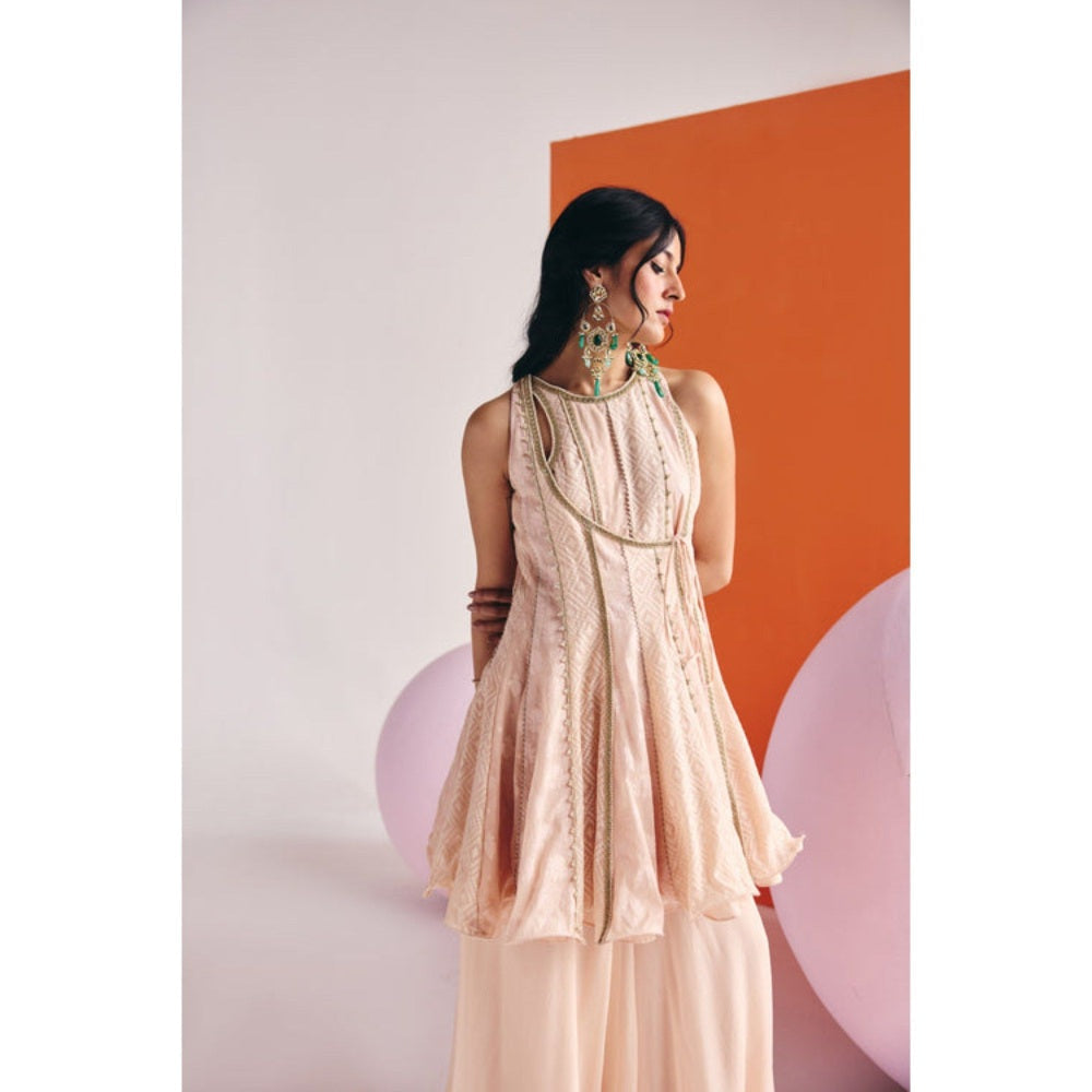 Leela by A Beige Angrakha Long Kurta With Organza Palazzo And Dupatta