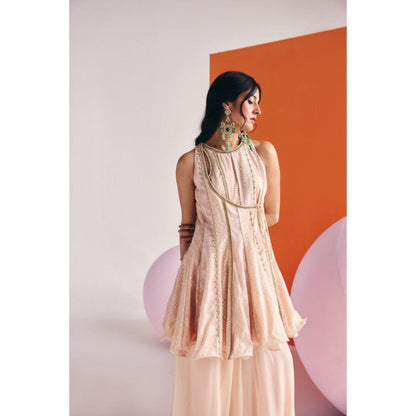 Leela by A Beige Angrakha Long Kurta With Organza Palazzo And Dupatta