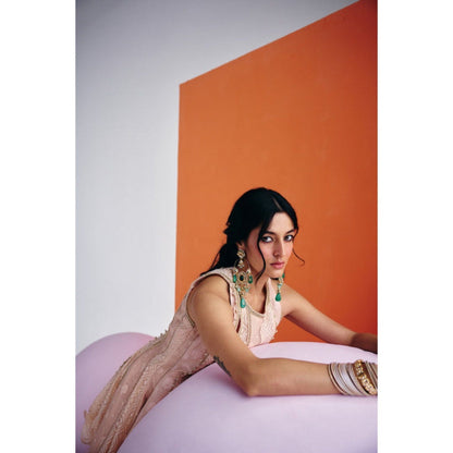 Leela by A Beige Angrakha Long Kurta With Organza Palazzo And Dupatta