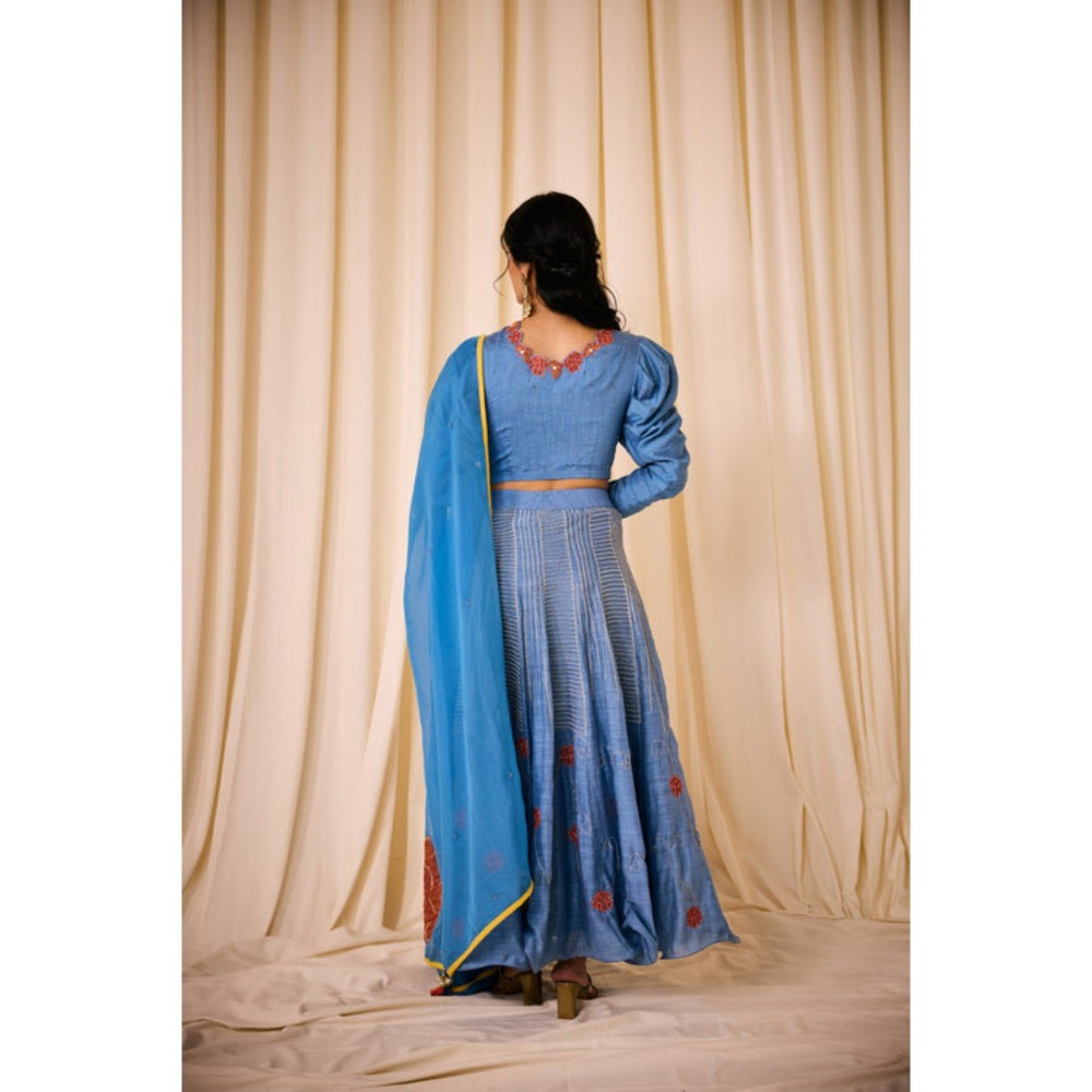 Leela by A Blue Applique Embroidery Lehenga With Blouse And Dupatta