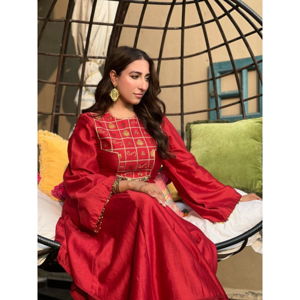 Leela by A Crimson Anarkali Kurta With Palazzo And Dupatta