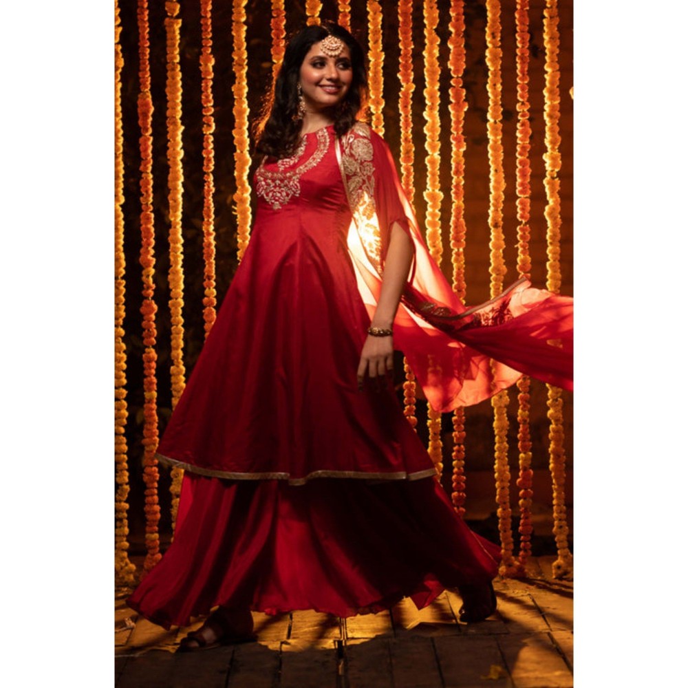Leela by A Red Kurta With Palazzo And Cape