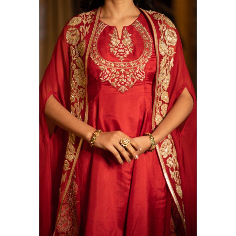 Leela by A Red Kurta With Palazzo And Cape
