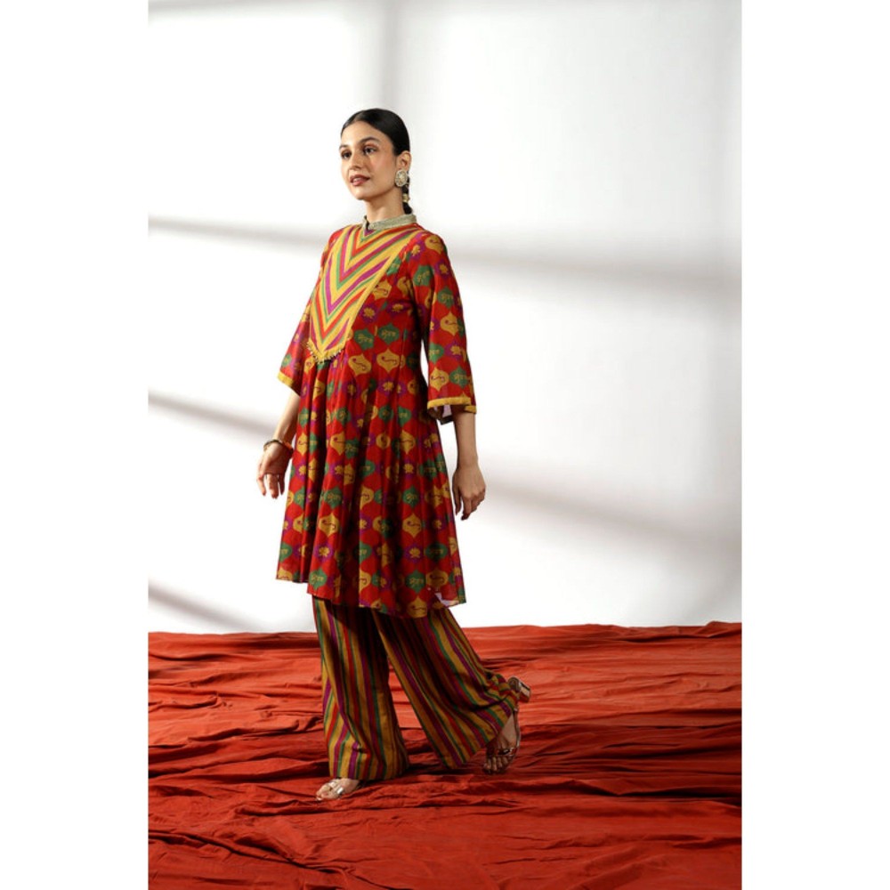 Leela by A Red Printed Kurta And Striped Palazzo