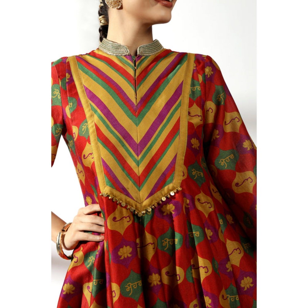 Leela by A Red Printed Kurta And Striped Palazzo