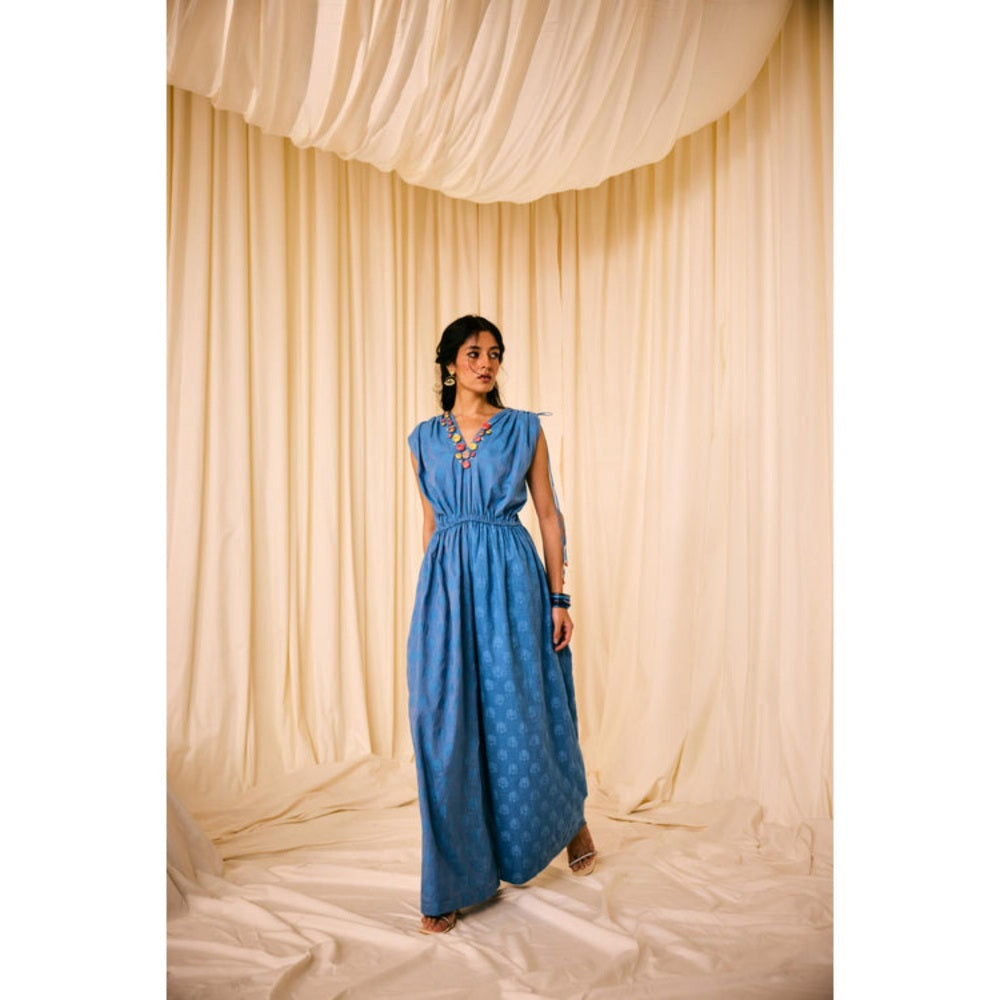 Leela by A Blue Jacquard Cotton Neck Embroidery Jumpsuit